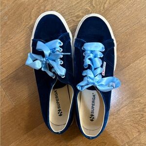 Superga Women's Dark Blue Velvet Sneakers with Sky Blue Laces